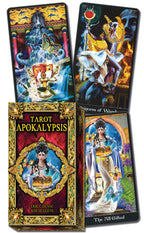 Tarot cards from the 'Apokalypsis' deck with detailed artwork and colorful designs.