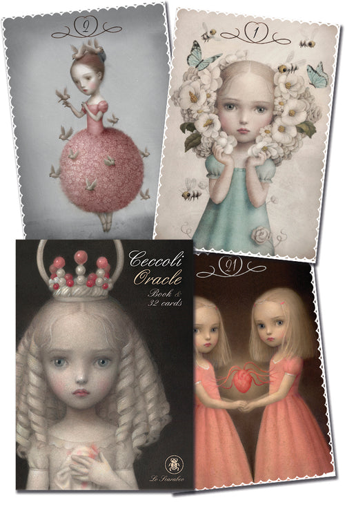 Collage of artistic tarot cards featuring children in dresses with decorative elements.
