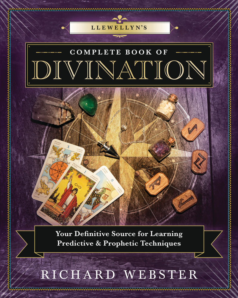 Book cover of 'Llewellyn's Complete Book of Divination' with tarot cards and other divination tools on a purple background.