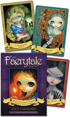 Four cards from 'The Faerytale Oracle' by Lucy Cavendish with colorful illustrations of faeries.
