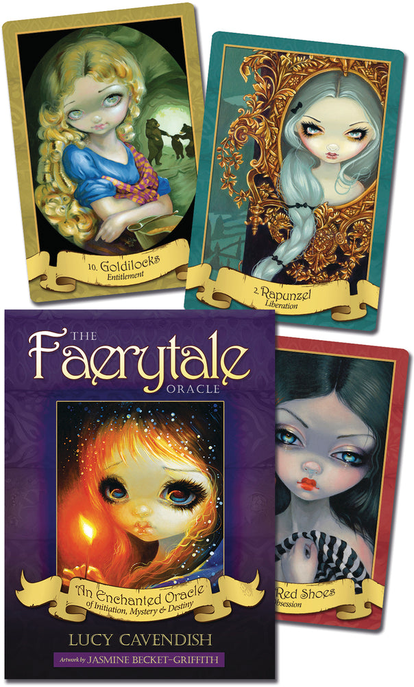 Four cards from 'The Faerytale Oracle' by Lucy Cavendish with colorful illustrations of faeries.