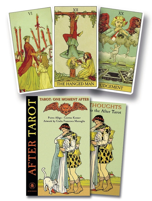 Four tarot cards and a book titled 'After Tarot' on a white background