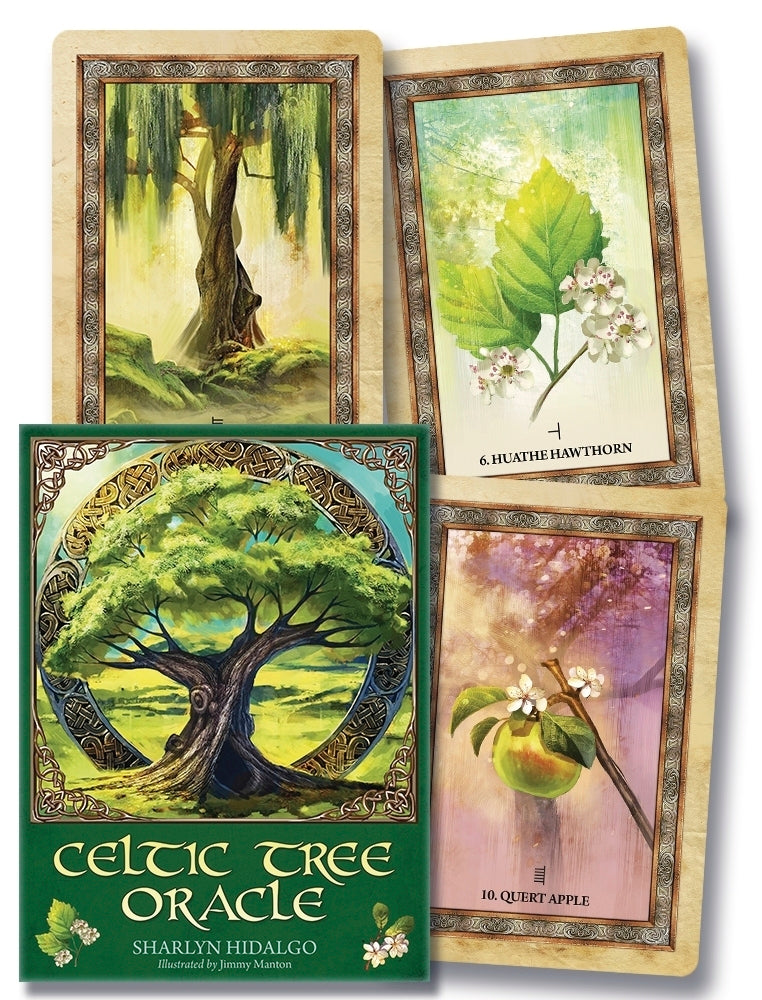 Celtic Tree Oracle cards with nature-themed illustrations on a wooden surface.