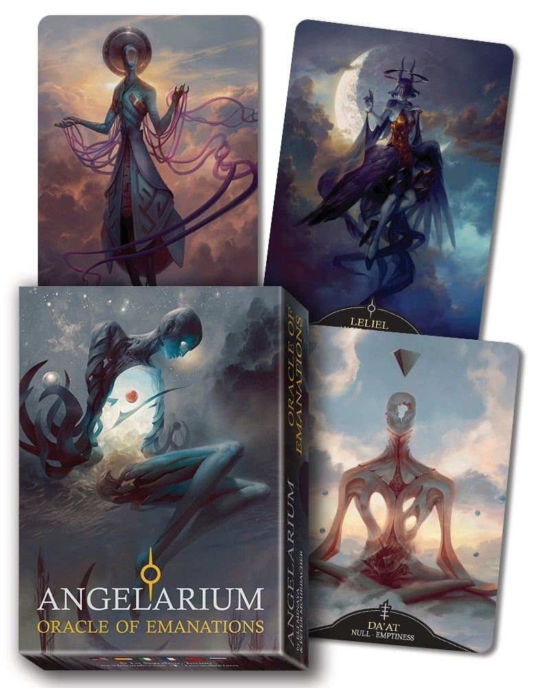 Set of Oracle cards from 'Angelarium' with artistic illustrations on a white background