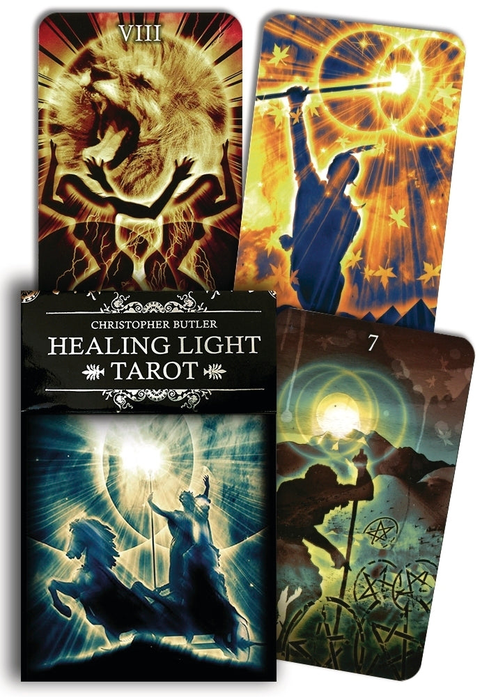 Healing Light Tarot cards with tarot box and cards displayed.