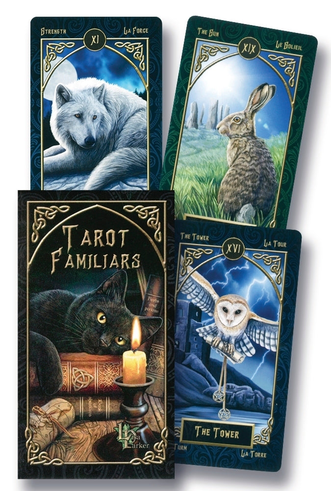 Four tarot cards featuring animals and symbols with descriptive text on a white background.