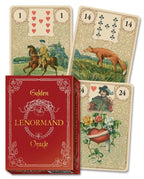 Golden Lenormand Oracle cards with a red box and tarot card designs.