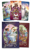 Set of tarot cards with illustrations and a cover featuring a woman and table.