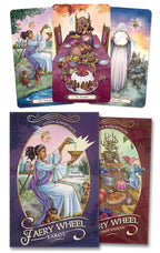 Set of tarot cards with illustrations and a cover featuring a woman and table.