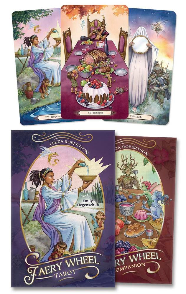 Set of tarot cards with illustrations and a cover featuring a woman and table.