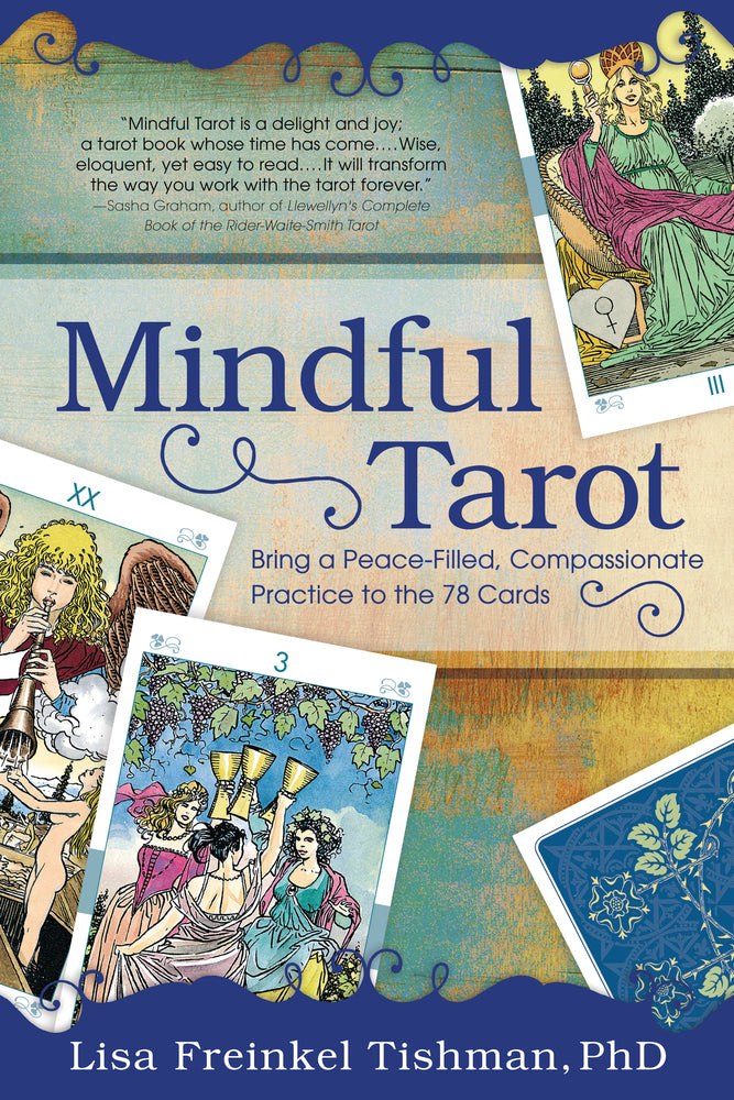 Book cover of 'Mindful Tarot' with tarot cards and text.