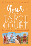 Book cover of 'Your Tarot Court' with tarot card illustrations on an orange background