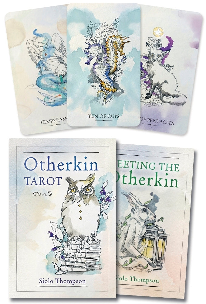 Collection of tarot cards and books titled 'Otherkin Tarot' by Siolo Thompson.