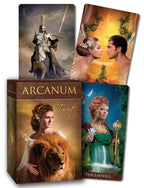 Arcanum Tarot card packaging with four tarot cards displayed.
