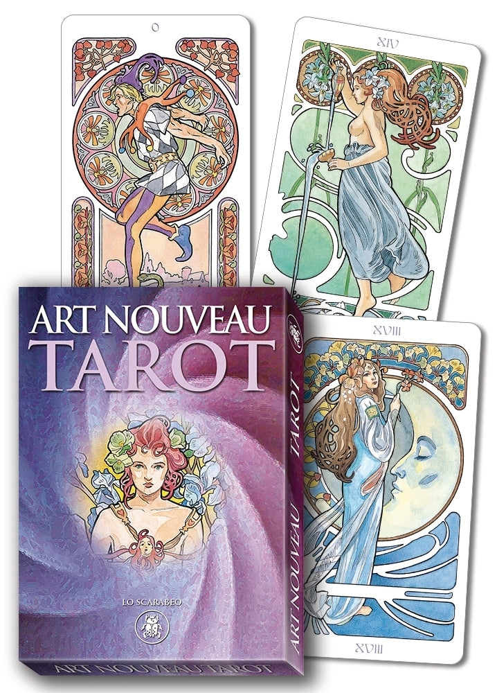 Art Nouveau Tarot cards with decorative designs and a purple box labeled 'Art Nouveau Tarot'.