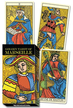 Golden Tarot of Marseille cards with box and illustrations of card characters.