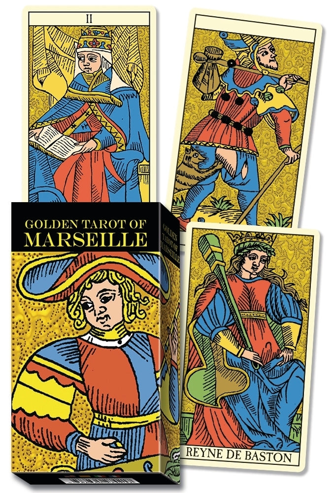 Golden Tarot of Marseille cards with box and illustrations of card characters.