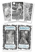 Set of tarot cards with intricate designs and text on a white background