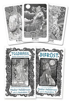 Set of tarot cards with intricate designs and text on a white background