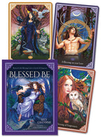 Four tarot cards with artistic illustrations of people and nature, featuring the title 'Blessed Be' by Lucy Cavendish.