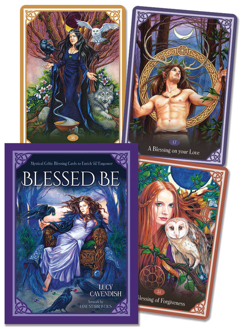 Four tarot cards with artistic illustrations of people and nature, featuring the title 'Blessed Be' by Lucy Cavendish.