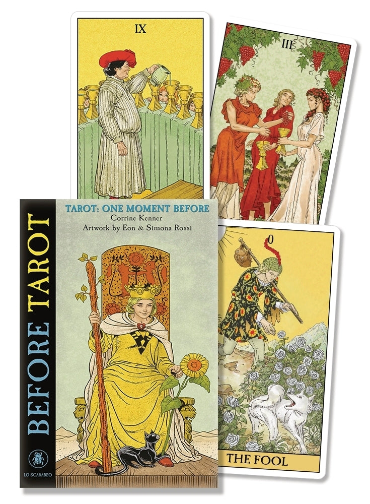 Collection of tarot cards with artistic illustrations and 'Before Tarot' book cover.