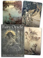 Fairy Oracle cards with artistic illustrations of fairies and a woman by a lake, featuring the brand 'Arthur Rackham'.