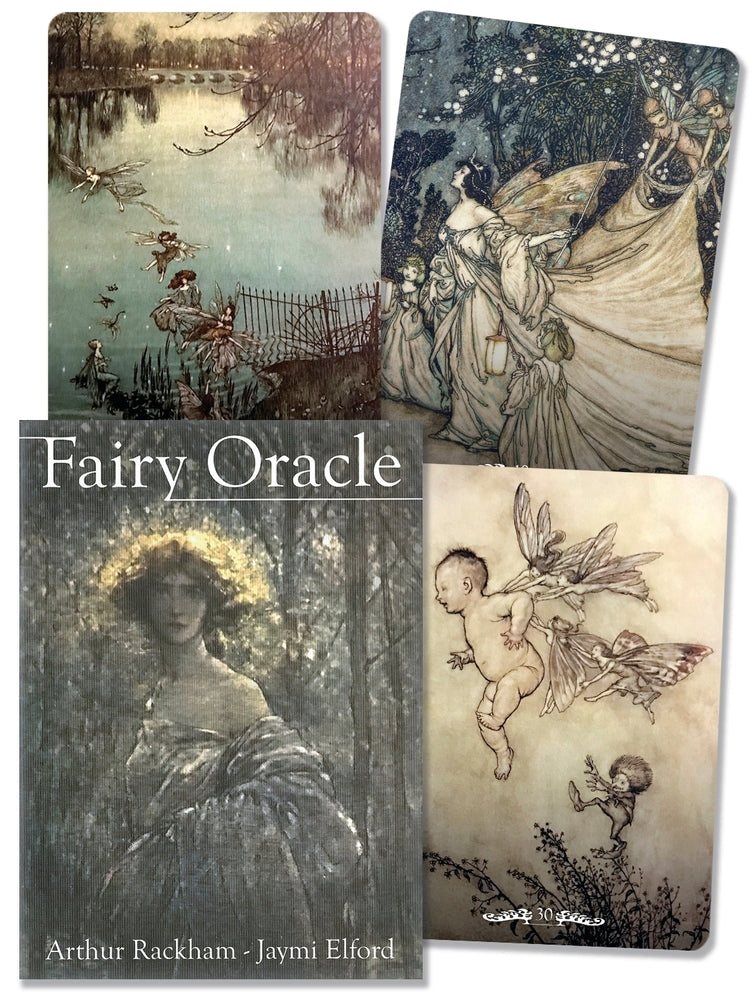 Fairy Oracle cards with artistic illustrations of fairies and a woman by a lake, featuring the brand 'Arthur Rackham'.