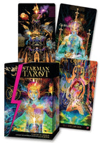 Starman Tarot card set packaging with colorful designs and text.
