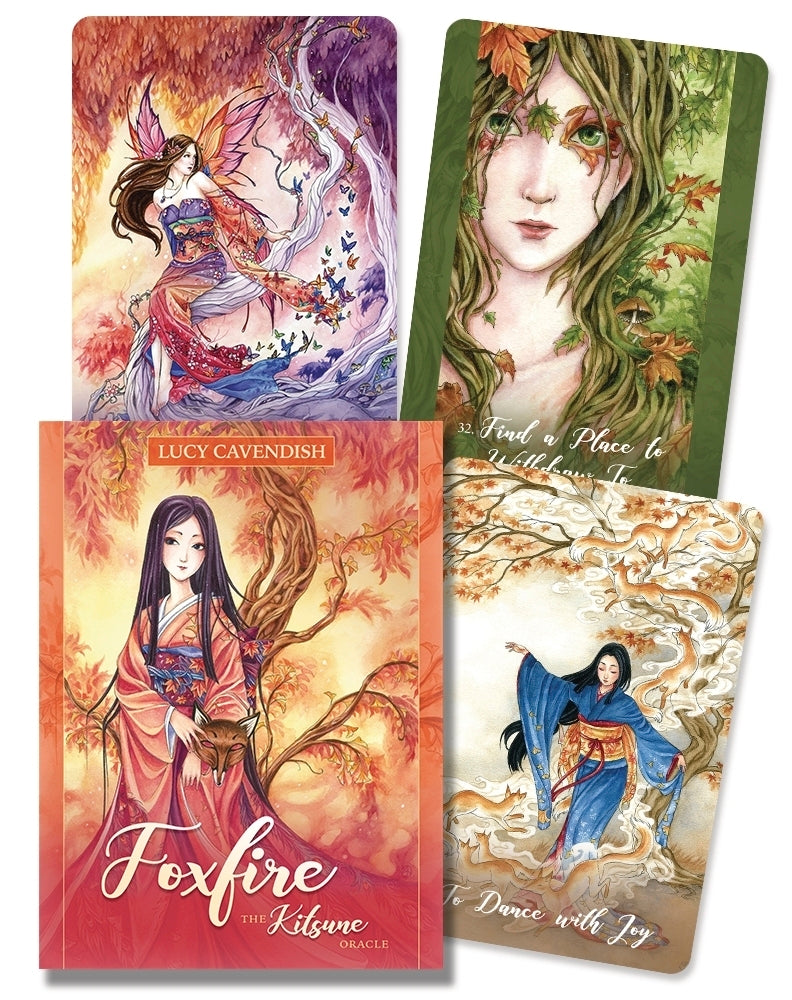 Four book covers with artistic illustrations of women and nature, featuring the author Lucy Cavendish and the title 'Foxfire'.