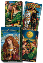 Pre-Raphaelite Tarot cards with colorful illustrations of women and horses on a blue background.