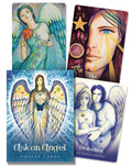 Four tarot cards featuring angelic designs and text.