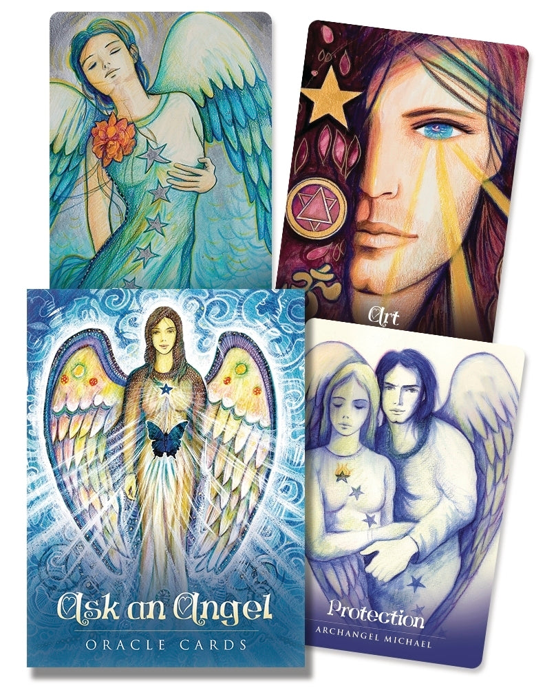Four tarot cards featuring angelic designs and text.