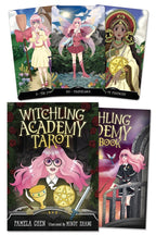 Witchling Academy Tarot cards and book with fairy-themed illustrations.