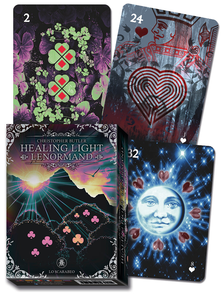 Four tarot cards with colorful designs and text on a dark background
