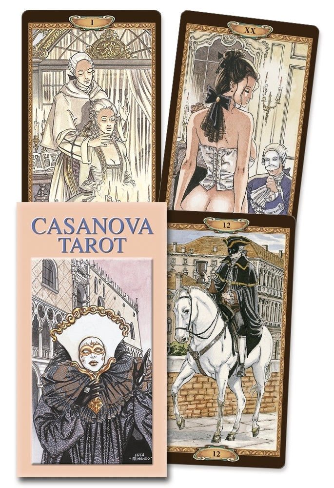 Casanova Tarot cards with illustrations of people and a horse on a white background
