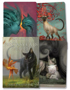 Collection of cards from the 'Fantasy Cats Oracle' by Paolo Barbieri, featuring artistic illustrations of cats and fantasy elements.