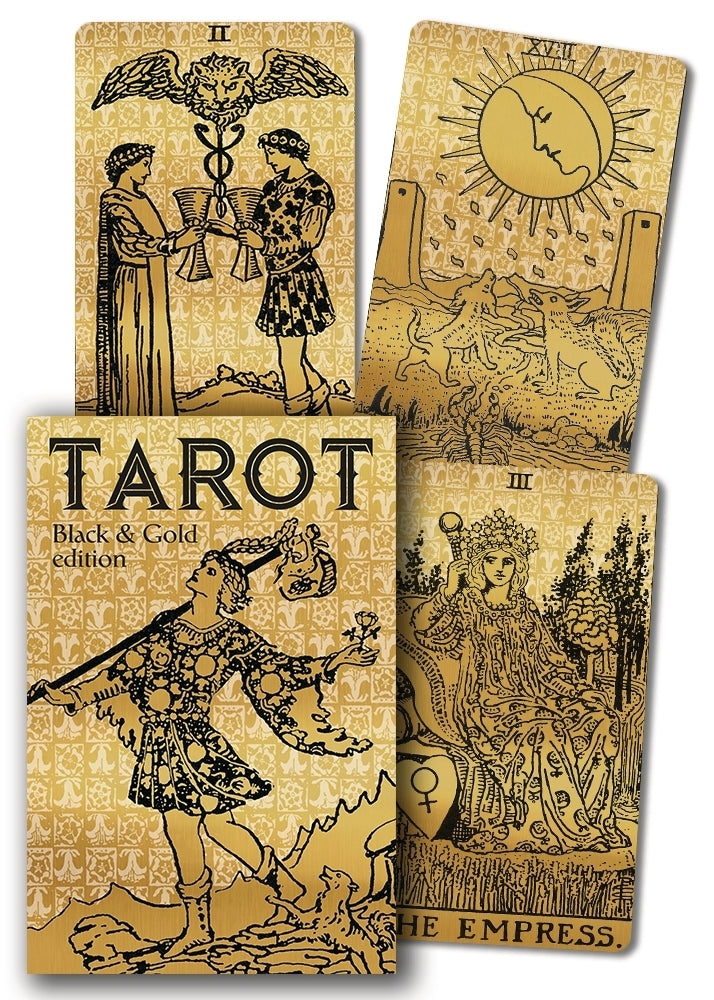 Collection of tarot cards with intricate designs and text on a beige background