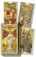 Golden Art Nouveau Tarot cards with decorative covers featuring angels and other figures.