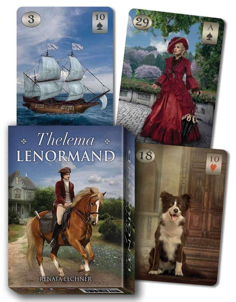 Collection of cards from Thelema Lenormand deck with ship, woman in red dress, horse, and dog illustrations.