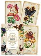 Set of four cards with butterfly and floral designs on a beige background