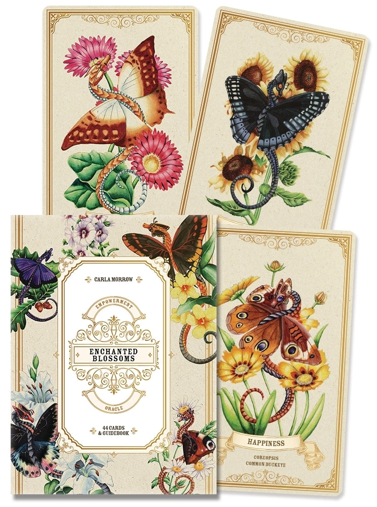 Set of four cards with butterfly and floral designs on a beige background