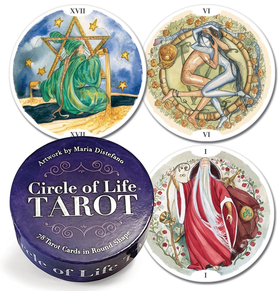 Circle of Life Tarot cards with tarot card illustrations and a purple tin.