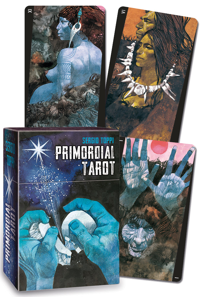 Primordial Tarot card set with box featuring artistic illustrations of people and hands.