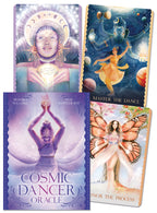Four cards from the Cosmic Dancer Oracle deck with artistic illustrations of women in various poses.