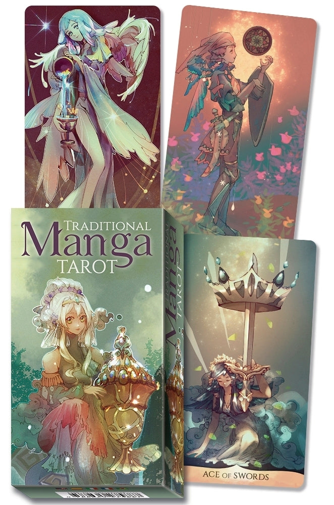 Manga tarot cards with colorful illustrations and a box labeled 'Traditional Manga Tarot'.