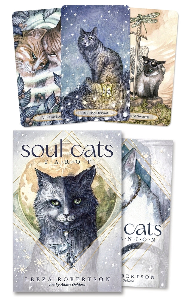 Set of tarot cards featuring cats with a book titled 'Soul Cats Tarot' by Leeza Robertson.