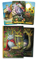 Set of tarot cards featuring owls with a book titled 'Tarot of the Owls' by Pamela Chen.