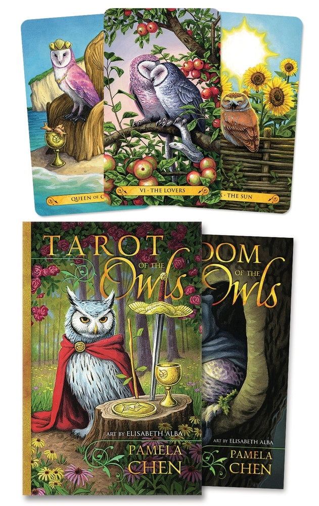 Set of tarot cards featuring owls with a book titled 'Tarot of the Owls' by Pamela Chen.