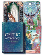 Celtic Astrology oracle cards with tarot card designs and a blue box labeled 'Celtic Astrology oracle cards'.